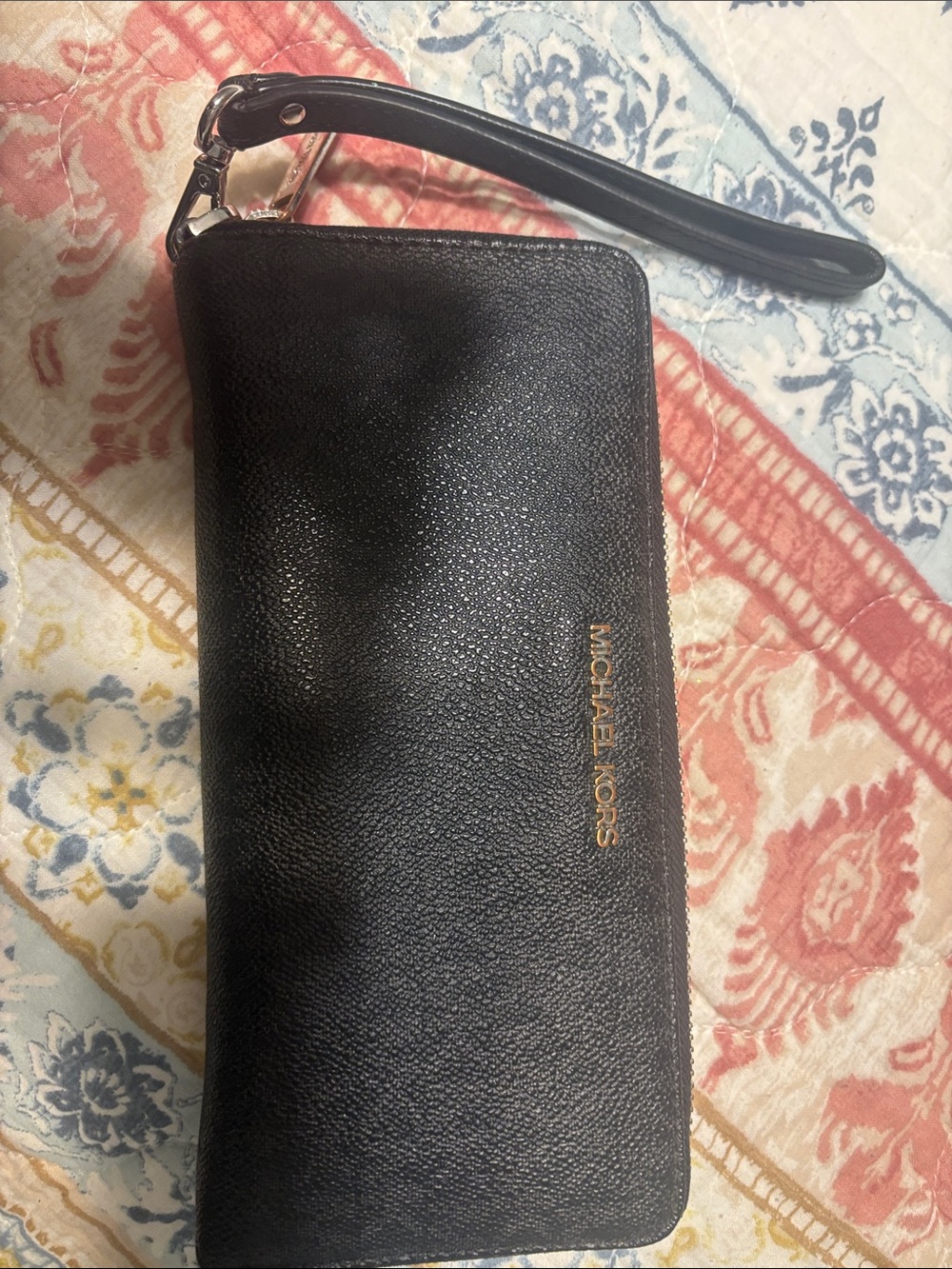 Michael Kors Black Leather Wristlet with Gold Logo